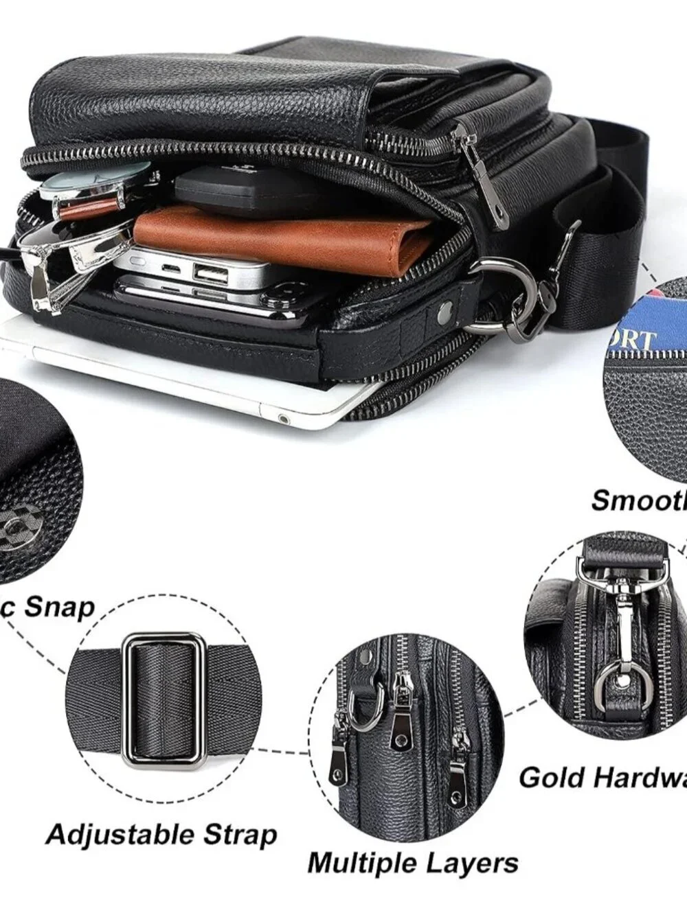 Men's Black Leather Shoulder Sling Travel Crossbody Stylish Magnetic Buckle Bag